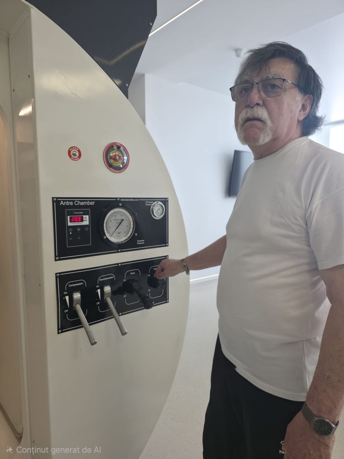 Membru al echipei Hyperbarica la panoul de control al barocamerei